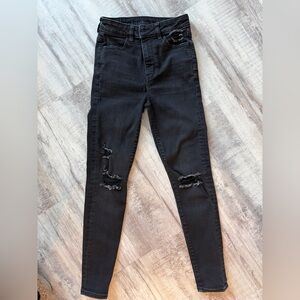 American Eagle Black High Rise Skinny Jeans Size 0 Short 26x27 Distressed